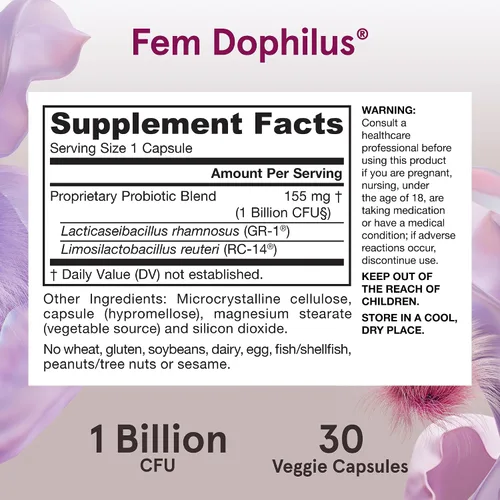 Vista 6 de Jarrow Formulas Fem-dophilus, Mil Millones de Organismos por cápsula, apoya la salud vaginal y del tracto urinario, 30 cápsulas, FEMS, individual