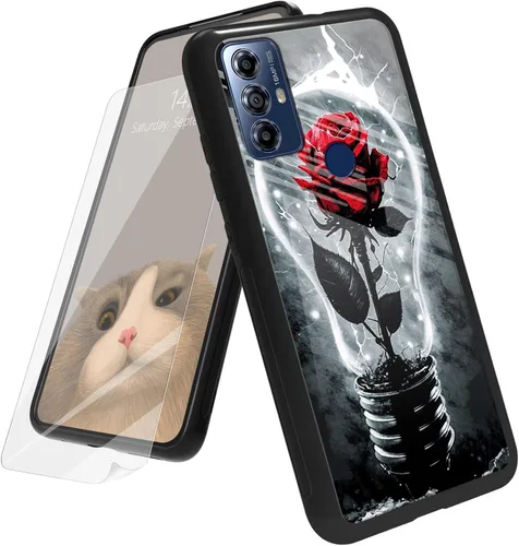 Vista 88 de Funda para Motorola Moto G Play 4G 2024 con protector de pantalla, parte trasera de vidrio templado + funda de silicona suave TPU absorción