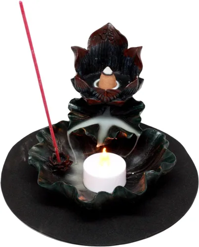 Vista 2 de Ebros Gift Feng Shui Zen Buddha Ohm Símbolo Sagrado Flor de Loto en Cascada Torre de incienso y Quemador de cono de reflujo y Figura de portavelas