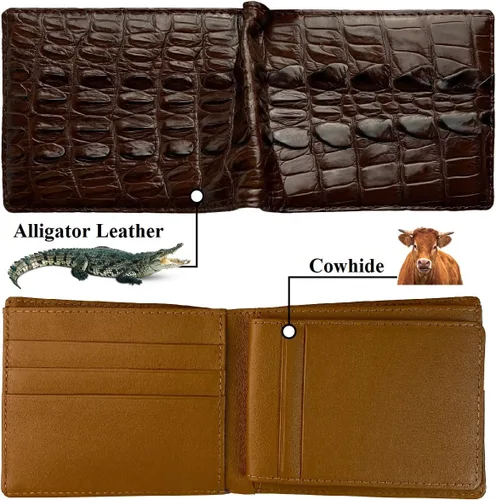 Vista 2 de Cartera hecha a mano con diseño de cocodrilo de cocodrilo y bocina de piel auténtica, bloqueo RFID hecha por artesanos vietnamitas, Bifold-dark