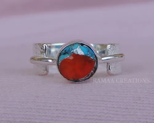 Vista 2 de Spiny Oyster Copper Turquoise Ring Handmade Round Turquoise Silver Ring Statement Handmade Jewelry Sterling Silver 925