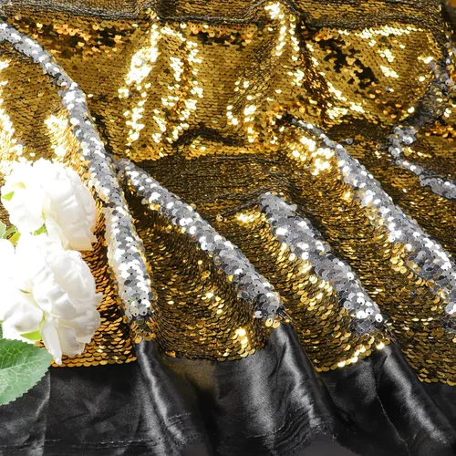 Vista 3 de Partisout Tela de lentejuelas reversible de 1 yarda: plata a oro de dos tonos, tela de purpurina de sirena para vestidos de bricolaje, telones