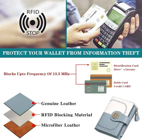 Vista 4 de SENDEFN Cartera pequeña de cuero plegable para mujer, con bloqueo RFID y bolsillo para monedas con cremallera, 5-Azul y blanco, Cartera pequeña