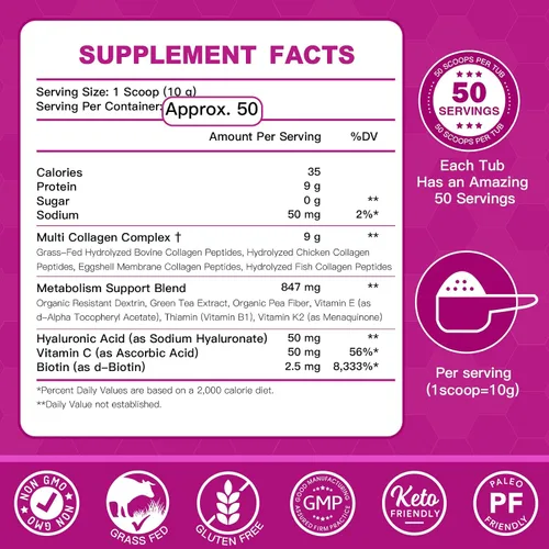 Vista 2 de ZEBORA Polvo de péptidos de colágeno 50 porciones, multicolágeno hidrolizado tipo I II III V X con ácido hialurónico, biotina, vitamina C – Apoya