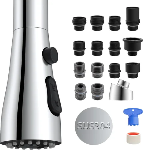 Vista 10 de Hibbent Cabezal rociador extraíble de metal para grifo de cocina, boquilla rociadora para fregadero de cocina con 15 adaptadores, repuesto