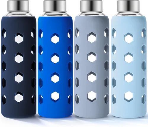 Vista 12 de Mrsdry Botellas de jugo de vidrio con tapas y fundas de silicona de 18 onzas, paquete de 4 botellas de agua reutilizables de vidrio transparente