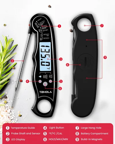 Vista 6 de TEMOLA Termómetro de carne, termómetro de lectura instantánea para alimentos con calibración de retroiluminación LCD, termómetro digital de cocción