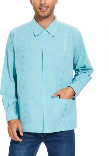 Vista 7 de MAXJON Camisas de guayabera de manga larga para hombre, camisas cubanas