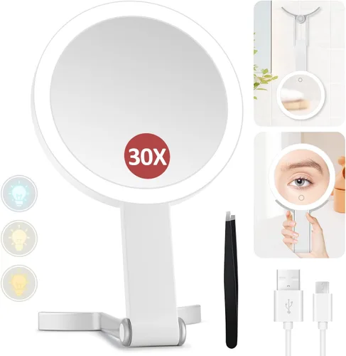 Vista 11 de Espejo de maquillaje iluminado, espejo de aumento 30X con luz, espejo colgante y de mano con asa, negro