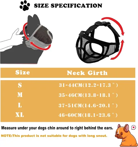 Vista 5 de OHCOZZY Bozal corto para perro, no cubre la frente, bozal de bulldog ajustable, malla transpirable ajustable, antimordeduras y ladridos (S, negro)