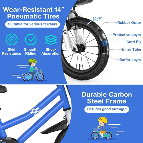 Vista 4 de HONEY JOY Bicicleta para niños, 12, 14, 16, 18, 20 pulgadas, con ruedas de entrenamiento y freno de mano, marco de acero, cadena totalmente cerrada