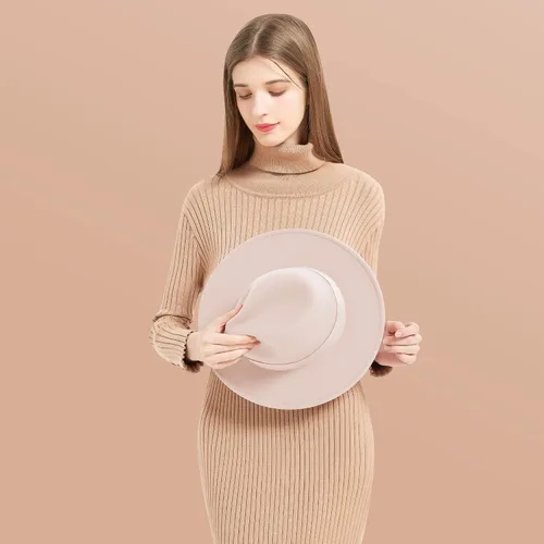 Vista 6 de Wide Brim Fedora Hats for Women & Men Classic Dress Panama Hat Adjustable Felt Hat with Band Todo beige.