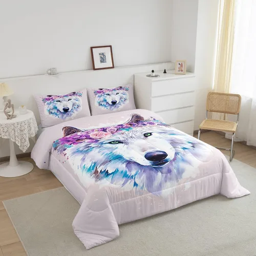 Vista 3 de Juego de ropa de cama de lobo con diseño de animales de safari con ojos verdes, juego de edredón de teñido anudado para niñas, flores florecientes