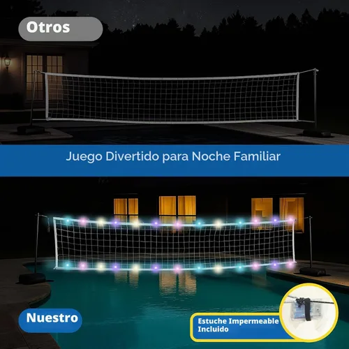Vista 3 de Juego de red de voleibol de piscina con luces LED, red de voleibol con bases pesadas y longitud ajustable de 15 a 42 pies para piscinas enterradas