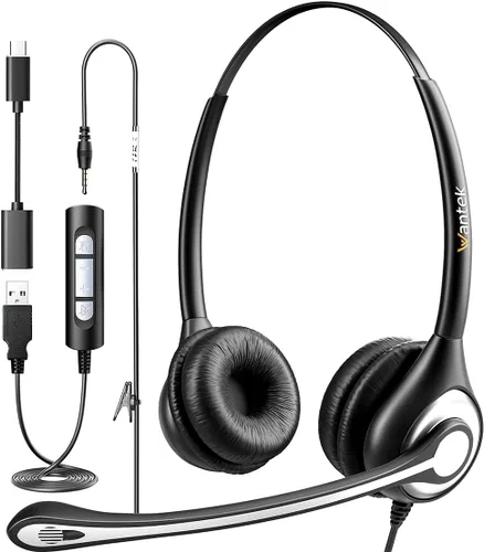 Vista 9 de Wantek - Auriculares USB con micrófono para PC, auriculares para computadora portátil con micrófono de cancelación de ruido, control en línea