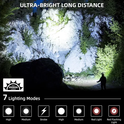Vista 2 de KINGCAESAR Linternas recargables de alto lúmenes, 90,000 lúmenes, luz de flash súper brillante con 5 modos, IPX7 impermeable potente linterna LED
