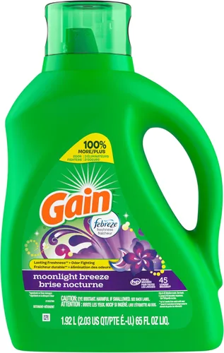 Vista 4 de Gain Detergente líquido para ropa con defensa del olor, aroma Moonlight Breeze, jabón de lavandería para lavadoras HE, 60 onzas líquidas, 45 cargas