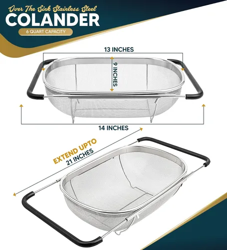 Vista 2 de Colador sobre el fregadero para cocina, cesta coladora sobre el fregadero de 6 cuartos de galón con asas ergonómicas extensibles y pies de apoyo