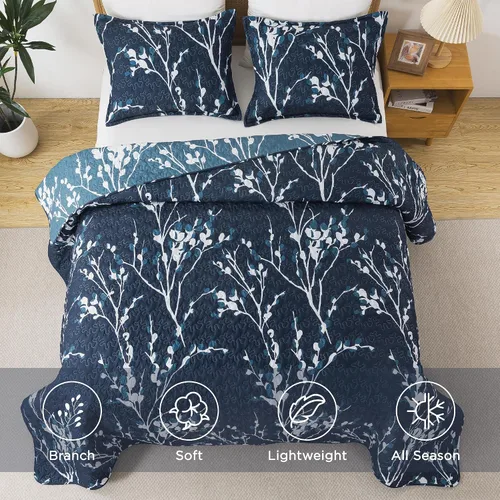 Vista 4 de Andency - Juego de edredón tamaño Queen en color azul marino (96 x 90 pulgadas), 3 piezas de colcha ligera con diseño floral, edredón reversible