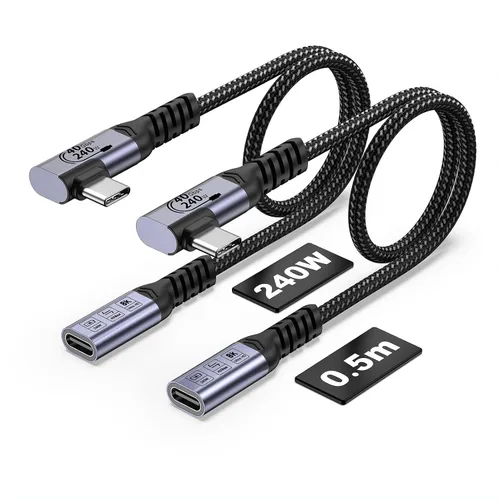 Vista 9 de USB C Extension Cable 6.6FT 2 Packs, 240W Right Angle Fast Charging Long USB4.0 Extender, 5A Quick Charge, 40Gbps Data Transfer, 8K Video Display,90
