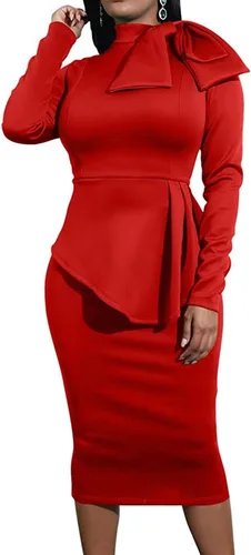 Vista 4 de WanMem Vestido de cóctel formal ajustado con péplum para mujer, manga corta, con lazo, volantes, vestido de tubo para fiesta