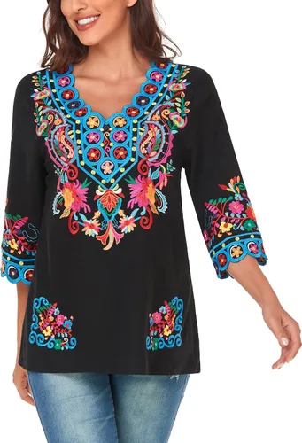 Vista 2 de YZXDORWJ Blusa de verano para mujer, estilo bohemio, estilo mexicano, con bordado bohemio