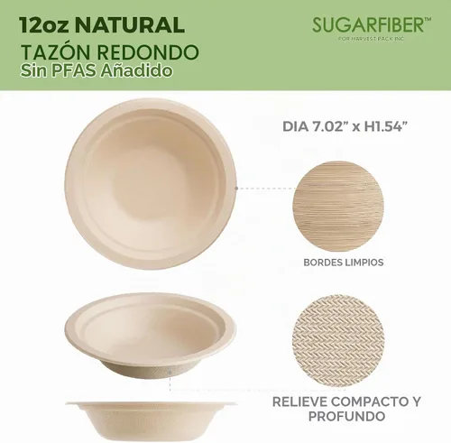 Vista 2 de Bagasse - Platos redondos desechables - Fibras naturales de caña de azúcar (bamboo), 12 pulgadas, producto biodegradable, ecológico, papel
