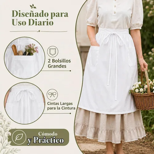 Vista 3 de White Maid Half Apron for Women with Pocket, Vintage Ruffled Apron Blanco