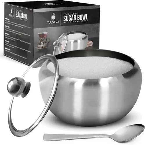 Vista 8 de Azucarero con tapa y cuchara Recipiente de azúcar de 12oz para barra de café Frasco portasal, té, caramelos, azúcar en cubo, azúcar moreno, ghee