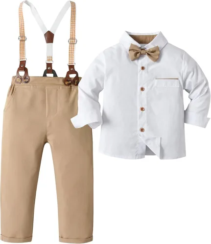 Vista 31 de Conjunto de pantalones para bebé, camisa de manga larga + pantalones + corbatín + tirantes, trajes de caballero para niños pequeños
