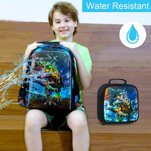 Vista 2 de CCJPX Mochila de 3 piezas para niños, de 16 pulgadas, dinosaurio, preescolar, primaria, guardería, escuela, mochilas y lonchera, Negro Azul