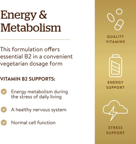 Vista 4 de Solgar Vitamina B2 (riboflavina) 100 mg, 100 cápsulas vegetales - Metabolismo energético, sistema nervioso saludable - Sin OMG, vegano, sin gluten