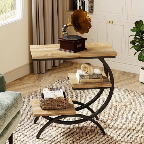 Vista 7 de Tribesigns Mesa Auxiliar en Forma de C, Mesa Auxiliar Industrial Pequeña de 3 Niveles para Sofá, Mesa de Noche de Madera Mesa Auxiliar de Aperitivos