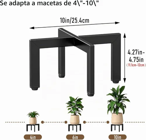 Vista 2 de Soporte para plantas de interior, soporte de metal resistente con forma de cruz con patas ajustables para suelos irregulares, fácil montaje
