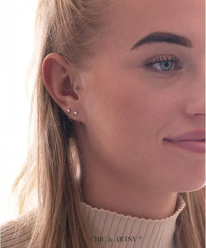 Vista 2 de CHIC & ARTSY Aretes de aro de plata de ley 925, pequeños aretes de aro de bola, barra, estrella, luna, corazón, cruz, punto, triángulo, medio aro