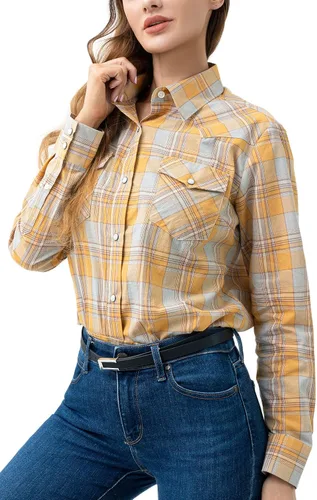 Vista 27 de PASHARTUK Camisas occidentales para mujer, camisas de manga larga de algodón para mujer con botones a presión, camisas a cuadros para mujer Beige