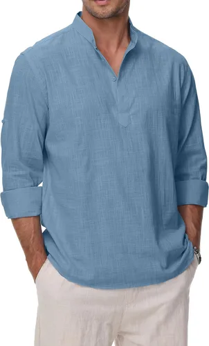 Vista 10 de Camisas de Algodón y Lino para Hombres Ligeras Casuales de Manga Larga Henley Playa Hawaianas Tops