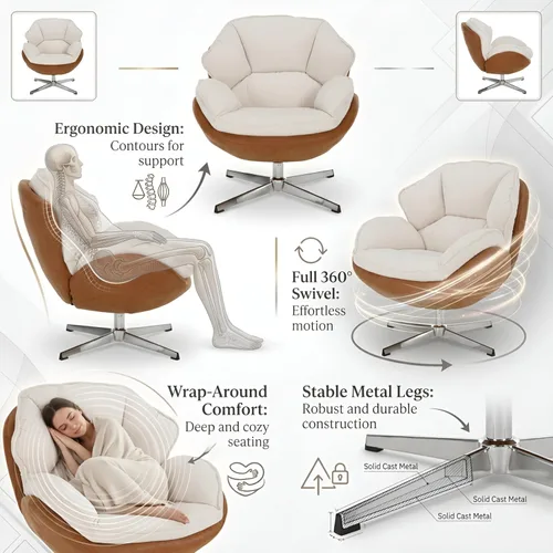 Vista 6 de BESTANO Silla giratoria de acento tapizada de chenilla, moderna silla de sala de estar con respaldo, base de metal de 360 grados, silla de lectura