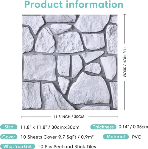 Vista 7 de Commomy 10 paneles de pared de piedra 3D para despegar y pegar, panel de pared de piedra sintética de 11.8 x 11.8 pulgadas, papel tapiz de ladrillo