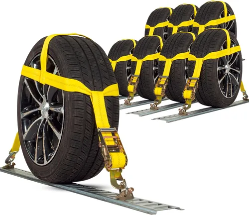 Vista 10 de US Cargo Control Capó de rueda con ganchos planos y trinquete, amarre amarillo fácil de usar para el transporte de automóviles, correas de poliéster