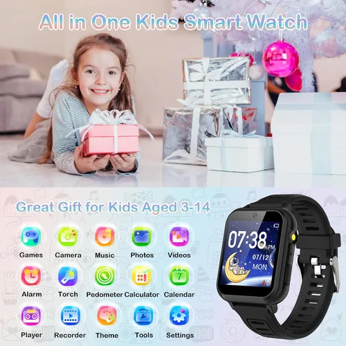 Vista 2 de Reloj inteligente AIWIEP para niños con 24 juegos, pantalla táctil, reproductor de música, cámara, reloj despertador, calculadora, linterna, 12/24
