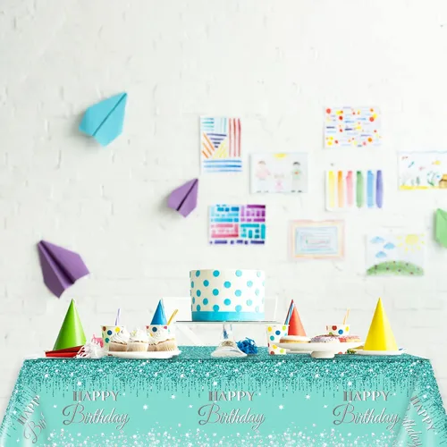 Vista 5 de 3 manteles de cumpleaños verde azulado y plateado para decoraciones de fiesta de feliz cumpleaños, cubiertas de mesa de plástico desechables