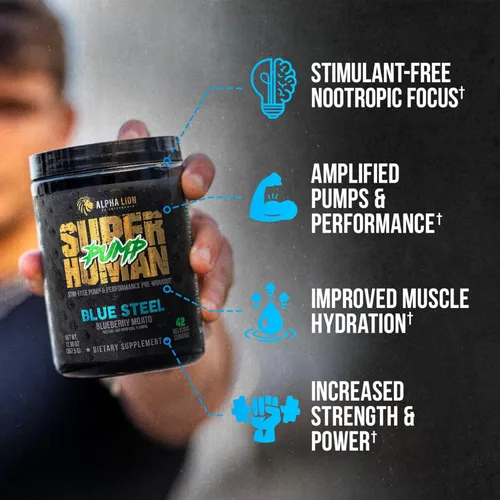 Vista 2 de ALPHA LION Superhuman Pump Polvo para antes de ejercitarse, suplemento preentrenamiento nootrópico libre de cafeína y estimulantes, potenciador