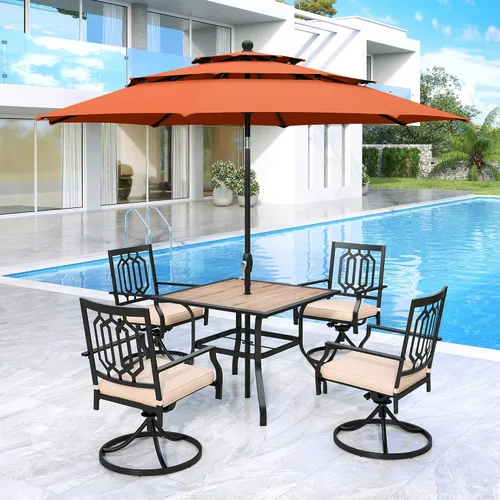 Vista 14 de MFSTUDIO Juego de mesa de comedor para patio al aire libre con paraguas, 4 sillas giratorias y 1 x 37 cuadrado Bistro forjado Iorn Slat mesa grande