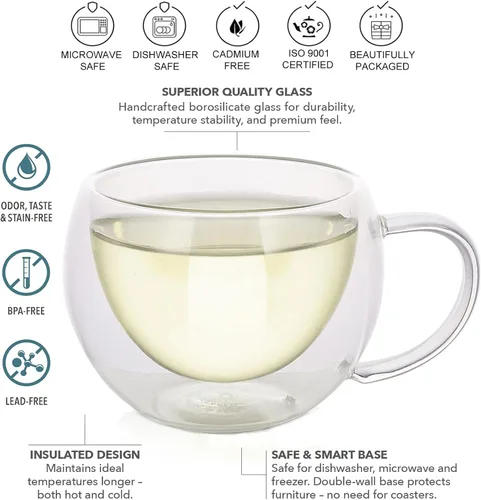 Vista 2 de Teabloom Modern Classic - Vasos aislantes – 6 oz / 6.8 fl oz – Juego de 2 tazas de vidrio de doble pared para té o café