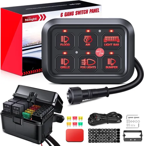 Vista 32 de Nilight Panel de Interruptores de 6 Posiciones Sistema de Relé de Control de Circuito Universal con Arnés de Cableado con Fusible LED Pod Regulable