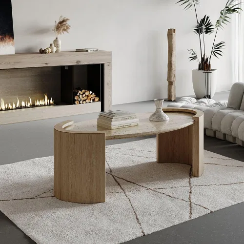 Vista 7 de homary Mesa de Centro Ovalada Japandi de 43 pulgadas con Superficie de Piedra Travertina – Mesa de Centro Ovalada de Doble Pedestal con Superficie
