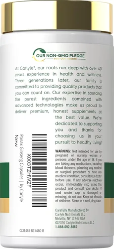 Vista 3 de Carlyle Panax Ginseng y Ginkgo 120 Cápsulas Vegetarianas Suplemento sin OMG y sin gluten