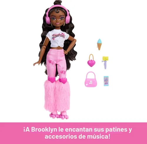 Vista 2 de Muñeca Barbie Dream Besties y accesorios, muñeca posable Barbie Brooklyn patinadora con temática de música y video con cabello castaño oscuro, 9