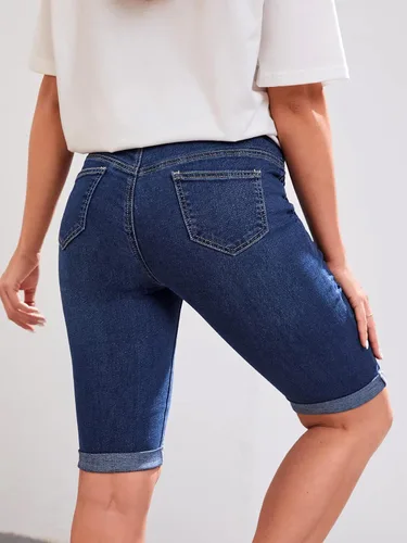 Vista 2 de Floerns Pantalones cortos de mezclilla de maternidad con dobladillo enrollable para mujer